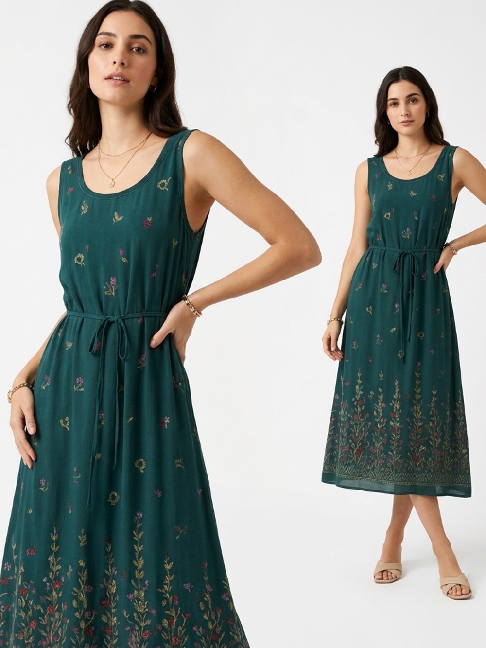 🌼 Vintage R&K Original Petite Green Floral Midi Dress Sleeveless Belted‎